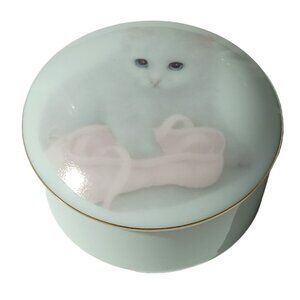 Otagiri Vintage Porcelain Trinket Box, White Kitten with Ballet Shoe, Cute